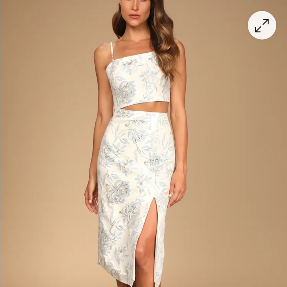 Lulu's Intense Allure Ivory Floral Jacquard Asymmetrical Midi Dress